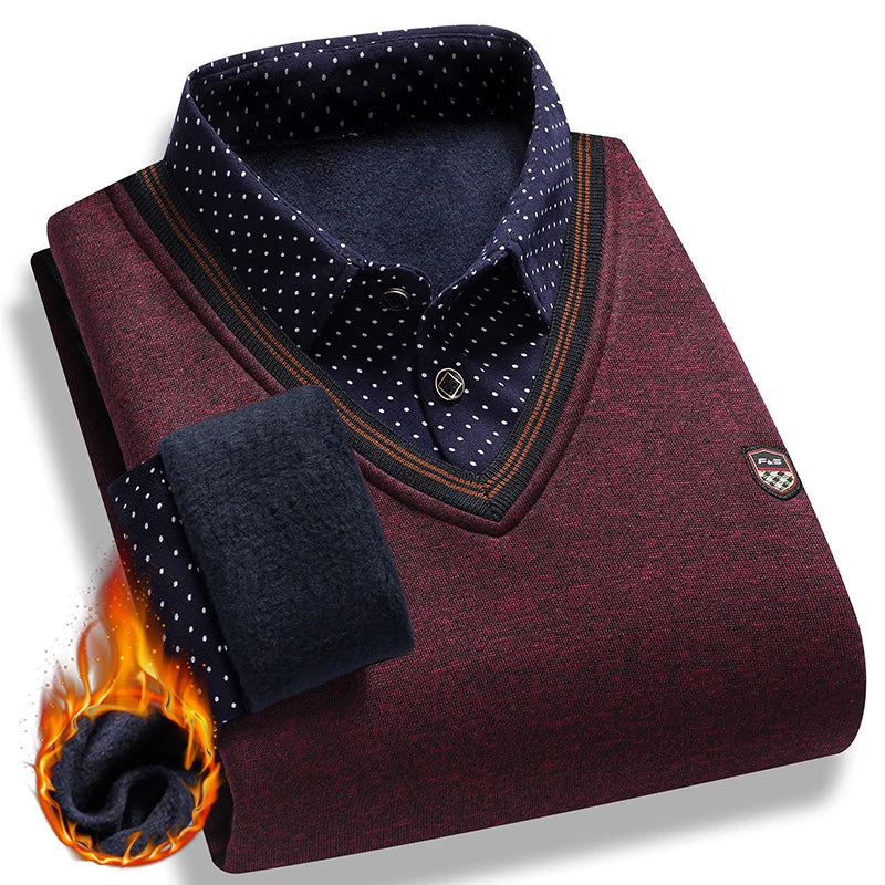 Suéter de felpa para hombre, jersey falso de dos piezas para otoño e invierno, Polo con cuello de lana, Top grueso y cálido, jerséis informales