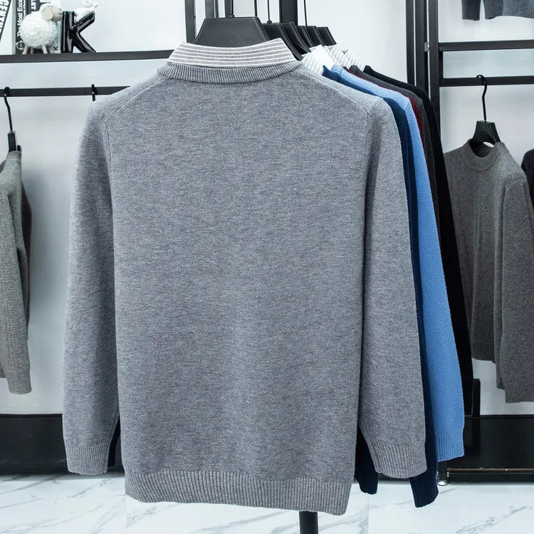 Suéter de punto con cuello de camisa para hombre, azul claro (6 colores), diseño falso de dos capas, estilo informal de negocios    Ajuste elástico y cómodo