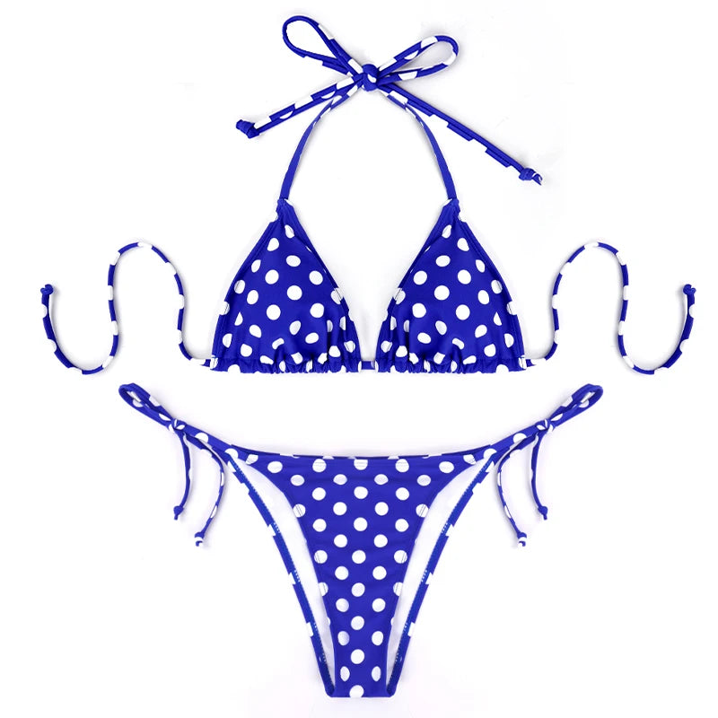 2 unids/set traje de baño de playa para mujer conjunto de Bikini verano azul y blanco patrón de lunares traje de baño vacaciones Casual conjunto de Bikini para mujer