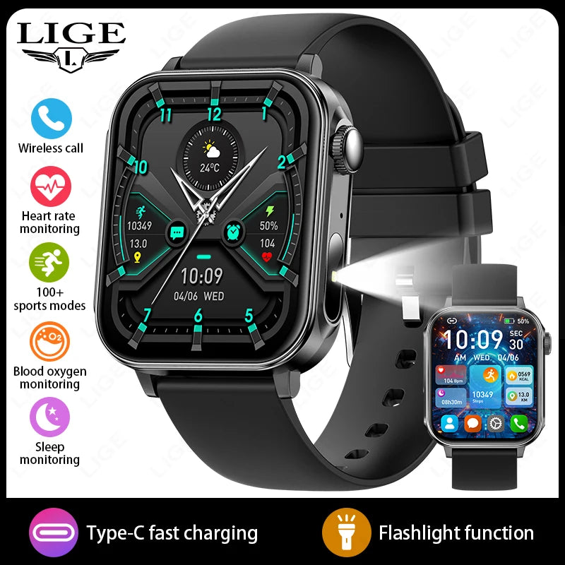 Smartwatch LIGE con llamadas Bluetooth, monitor de salud y carga rápida tipo C