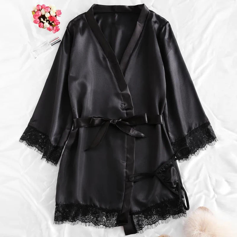 Pijama negro Sexy para mujer, Tops con tirantes de seda y encaje de 4 piezas, pantalones cortos, bata, conjunto de pijama, camisón, ropa interior, traje