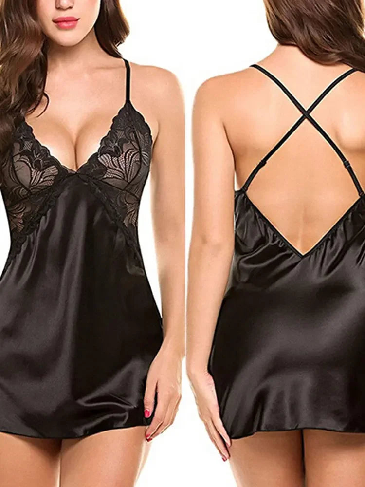 Camisón de Satén con Encaje y Escote en V para Novia