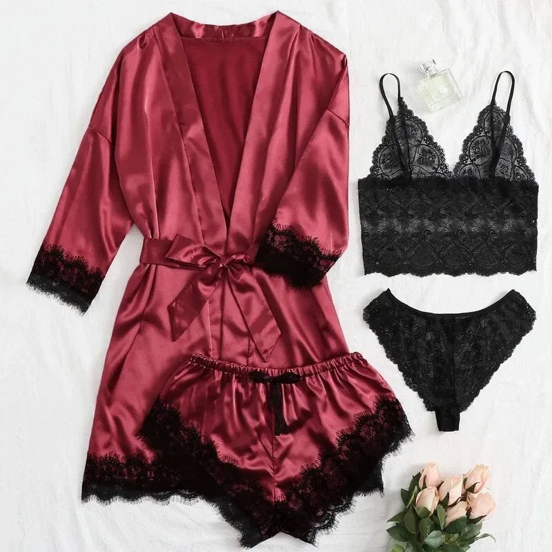 Conjunto Pijama de Satén 4 Piezas con Bata - Top con Encaje para Mujer