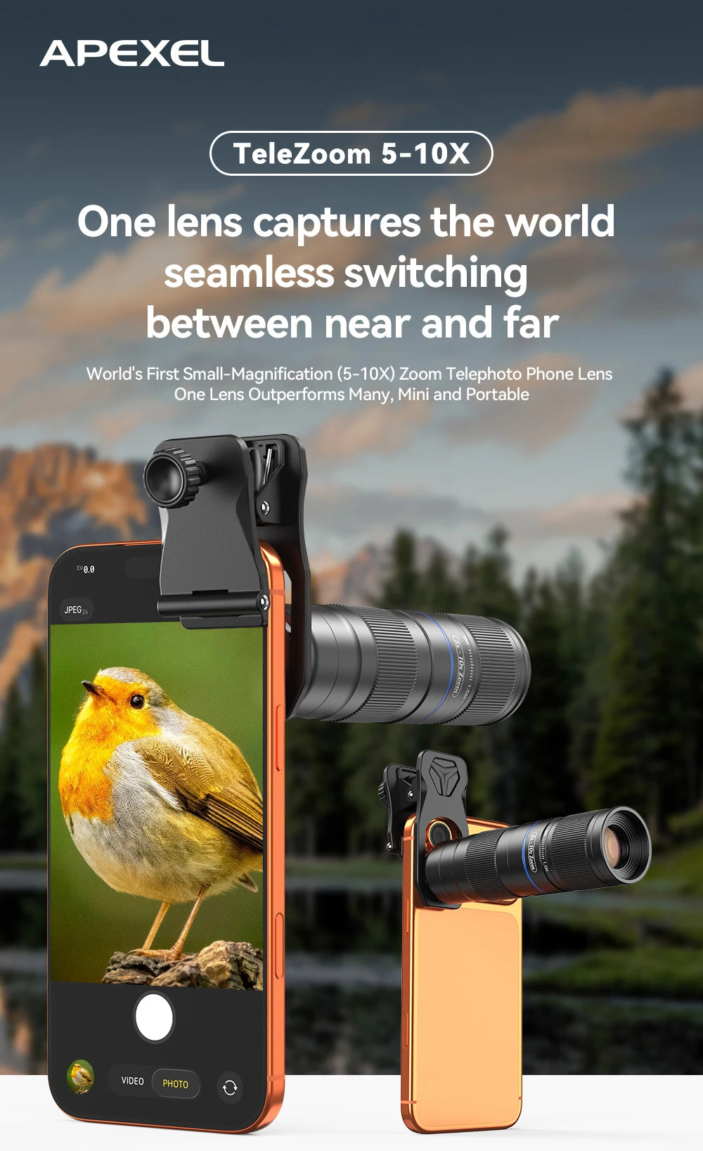 Lente Teleobjetivo APEXEL HD Zoom 5x-10x para Teléfonos
