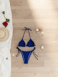 Conjunto de Bikini de 2 Piezas para Mujer, Sexy, de Color Sólido, sin Tirantes, con Tanga y Lazos en la Espalda, Traje de Baño con Encaje Blanco, Simple, para Verano