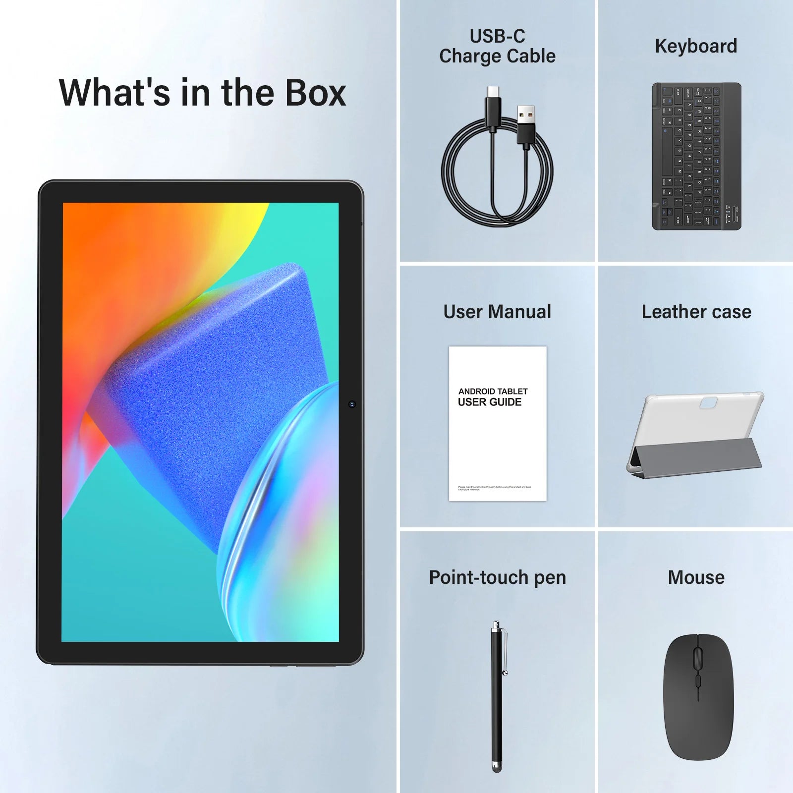 BAKEN Tableta de 10 pulgadas, Android 15, procesador de cuatro núcleos, 64 GB de RAM, memoria expandible de 1 TB, altavoces duales, juego de teclado y mouse