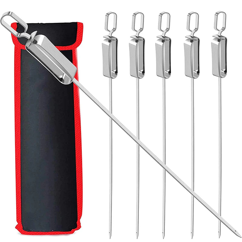 LMETJMA-brochetas Kabob de 17 pulgadas para asar, brochetas planas de acero inoxidable para barbacoa con mango deslizante de Metal de liberación rápida JT45