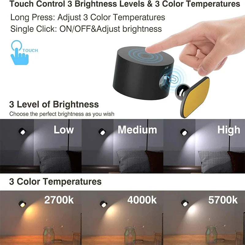 Aplique de Pared LED Recargable con 3 Niveles de Brillo