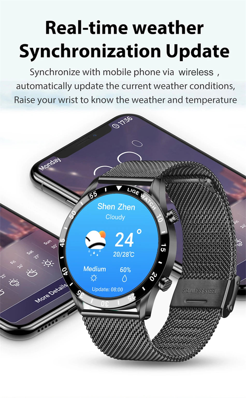 Smartwatch LIGE de lujo para hombre con llamadas Bluetooth y monitor de salud