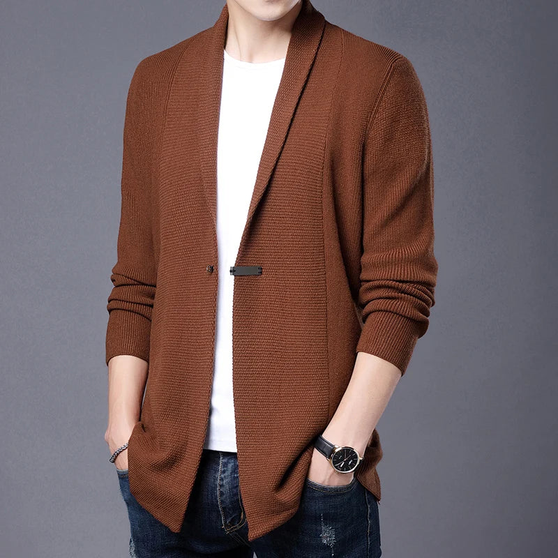 Cárdigan de punto ajustado de lana para hombre, ropa de calle de marca de alta calidad, suéter japonés, abrigos informales, chaqueta, ropa para hombre 2025