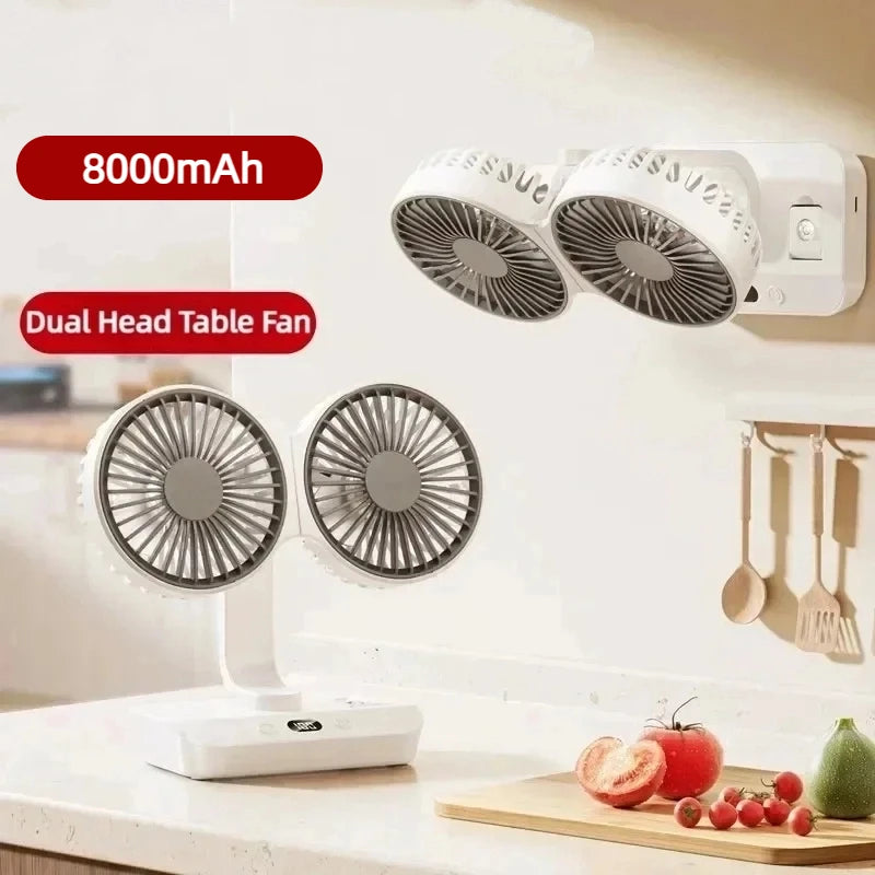 Ventilador de escritorio de doble cabezal, ventilador de 4 engranajes, refrigeración rápida por viento, pantalla Digital, gran capacidad de 2024 mAh, para el hogar, novedad de 12000