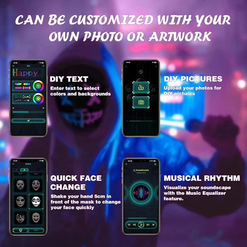 Máscara LED con control de aplicación Bluetooth Cara programable que transforma la máscara LED de Halloween iluminada
