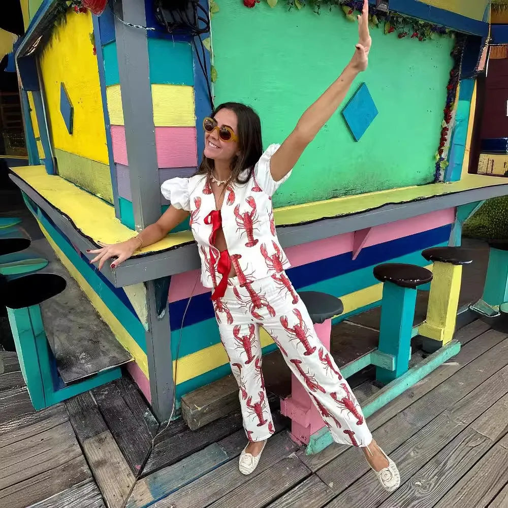 Conjunto de pantalones largos con estampado de crayón de dibujos animados para mujer, camisa de manga corta de verano, pantalón de pierna ancha de cintura alta, conjuntos de 2 piezas, trajes para mujer 2024