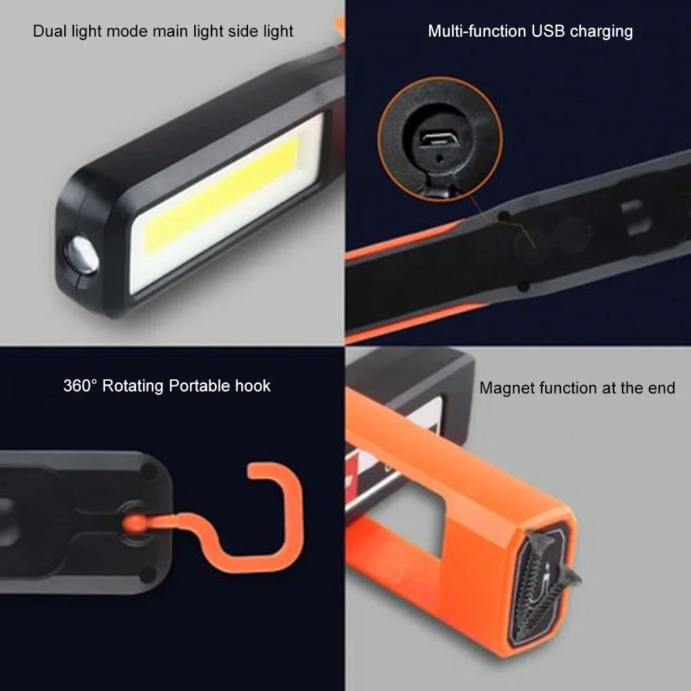 Linterna LED COB Recargable USB con Imán para Taller y Garaje