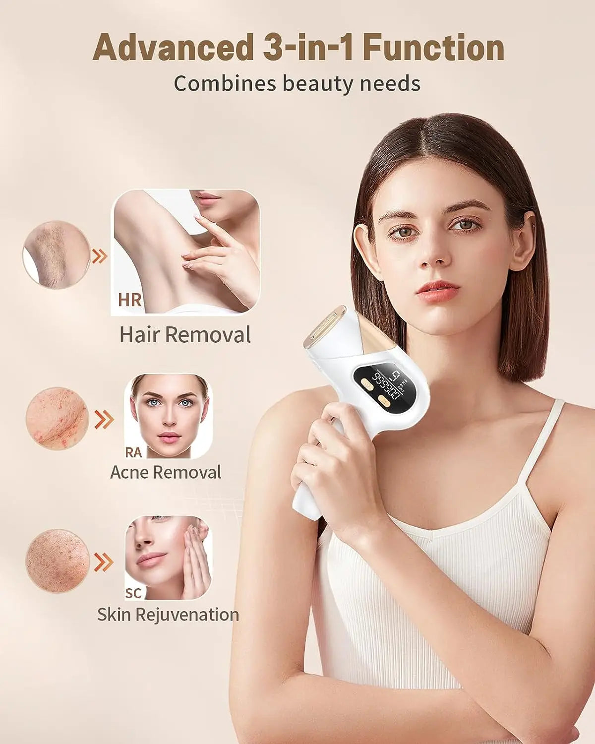 Dispositivo de depilación láser IPL 3 en 1, 999900 Flashes, depiladora permanente de 9 niveles, tratamiento para todo el cuerpo, uso doméstico para hombres y mujeres