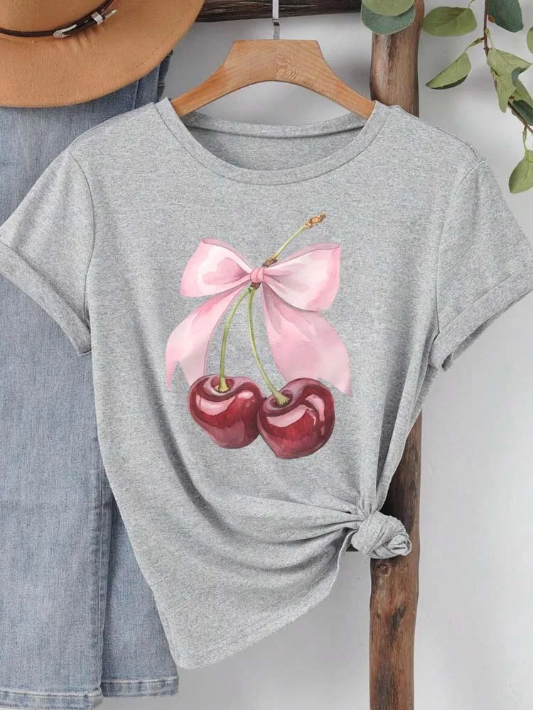 Camiseta con Estampado de Cereza para Mujer, Manga Corta