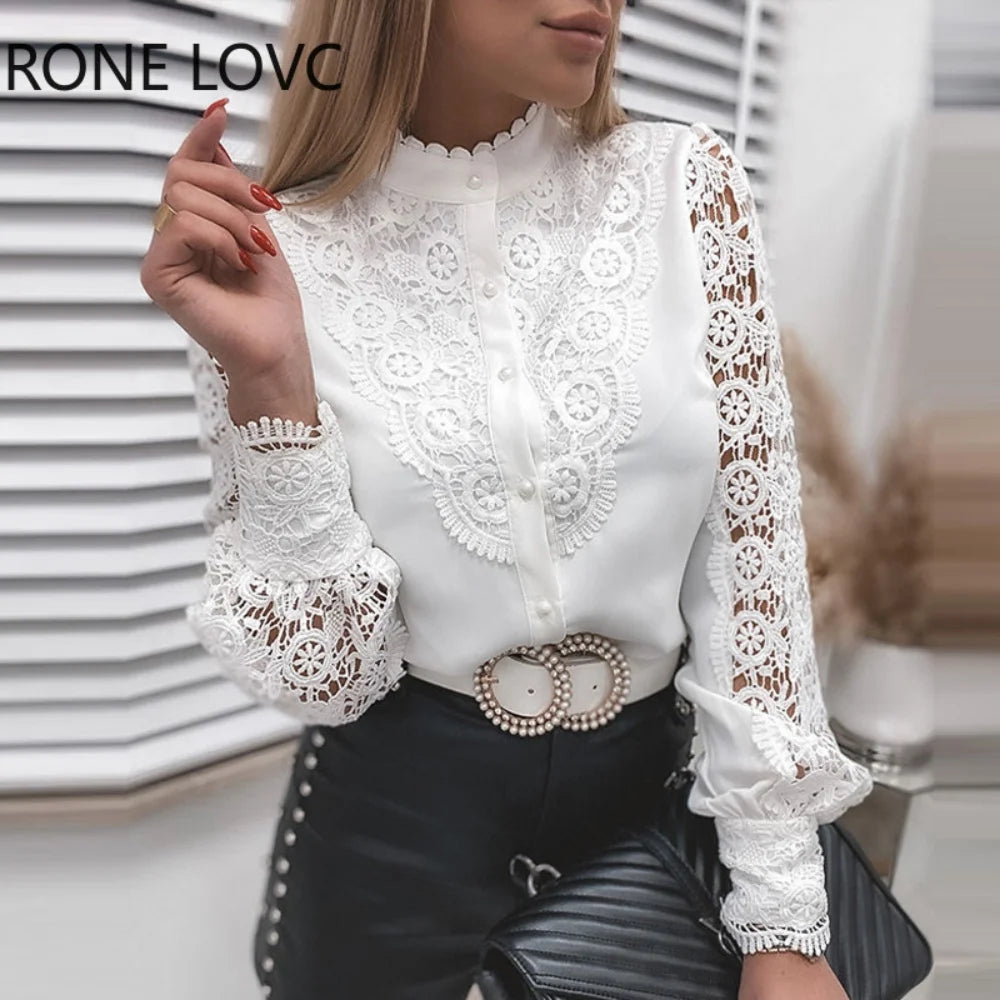 Camisa Elegante con Cuello de Encaje para Mujer