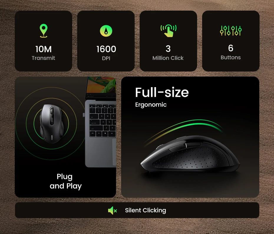 Mouse inalámbrico UGREEN silencioso 1600DPI con receptor USB 2.4GHz
