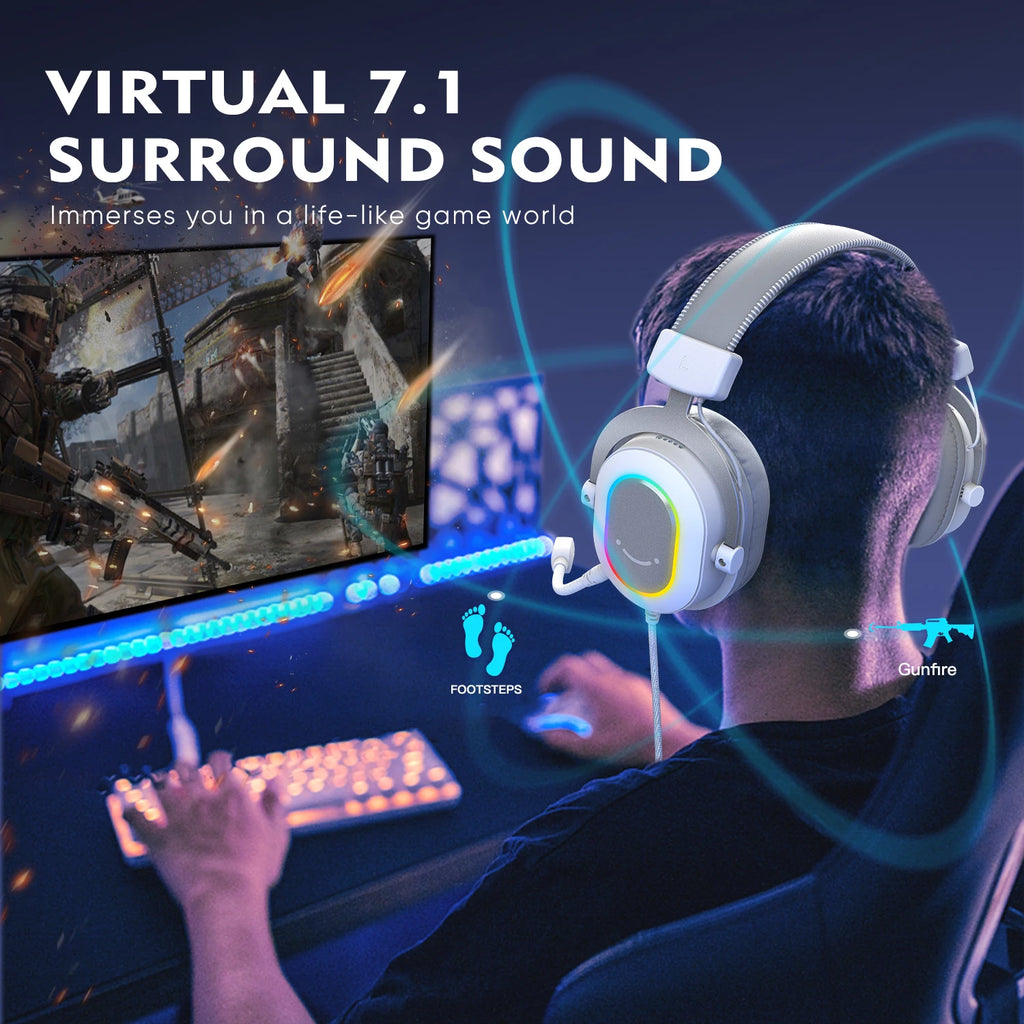 FIFINE RGB Auriculares para juegos con sonido envolvente 7,1/3-EQ/MIC, auriculares supraaurales con control en línea para PC PS4 PS5 Ampligame-H6W