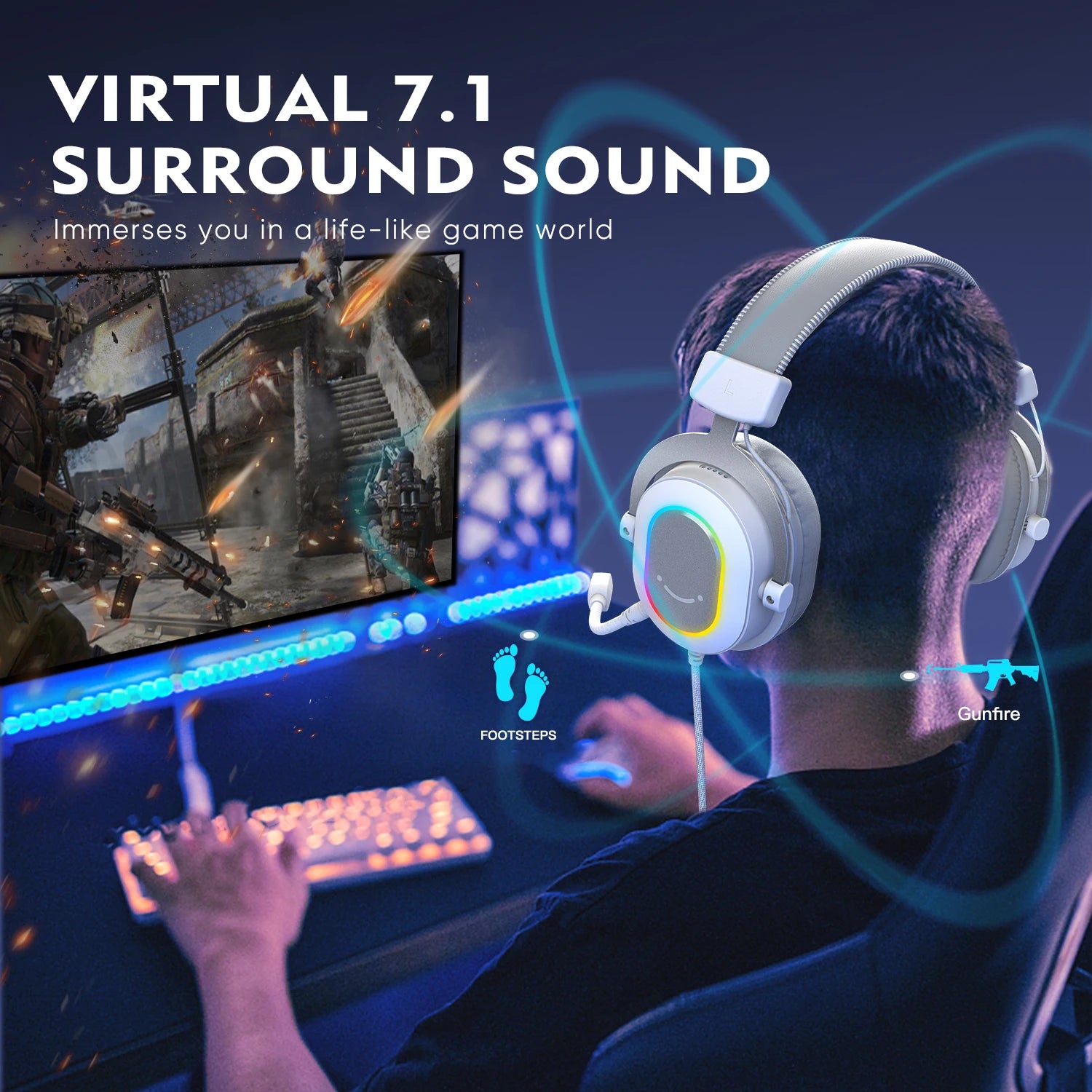 FIFINE RGB Auriculares para juegos con sonido envolvente 7,1/3-EQ/MIC, auriculares supraaurales con control en línea para PC PS4 PS5 Ampligame-H6W