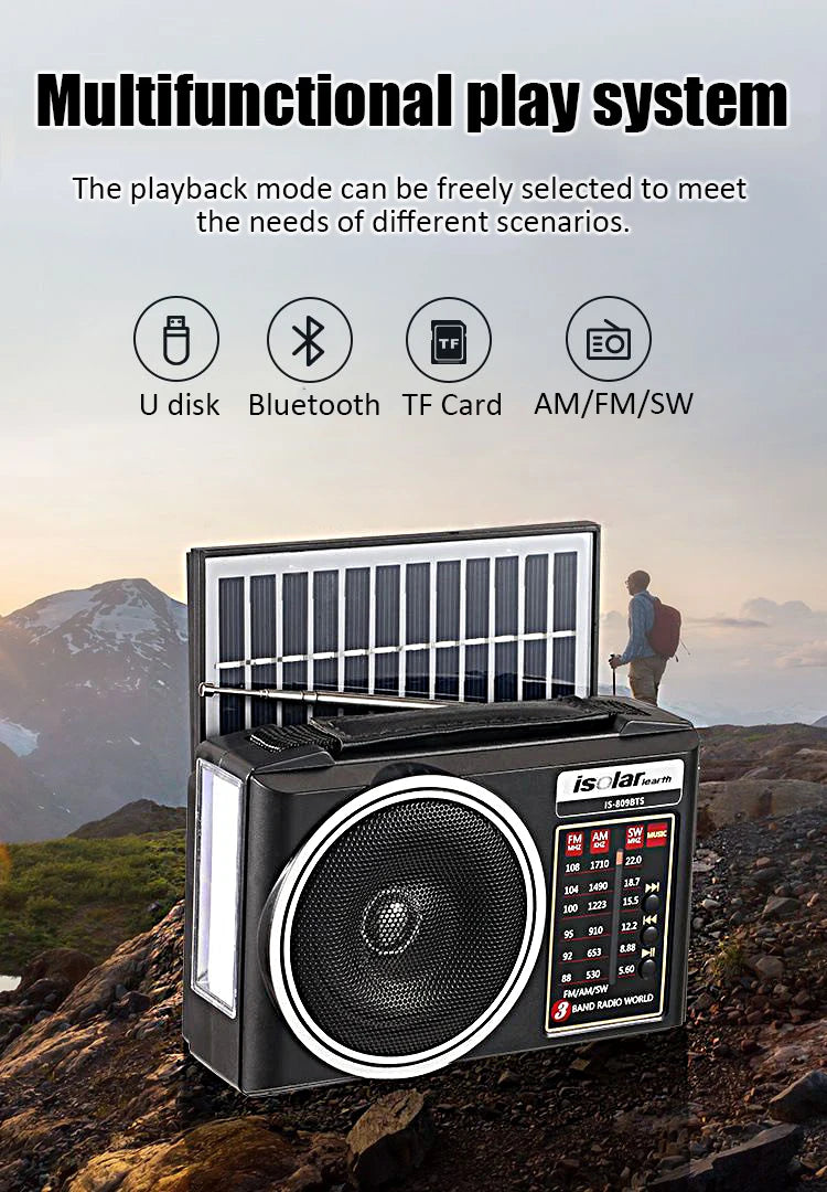 Radio portátil FM/AM/SW solar de emergencia con altavoz Bluetooth