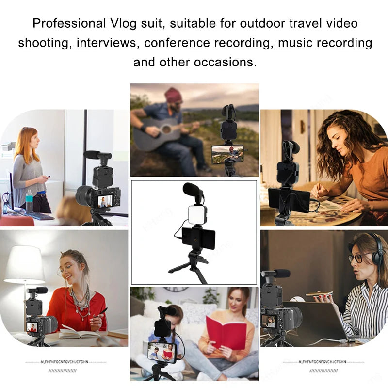 Soporte para teléfono móvil, iluminación de fotografía, Kit de vídeo para Smartphone, micrófono LED, trípode para Selfie, mango de grabación, soporte estabilizador portátil