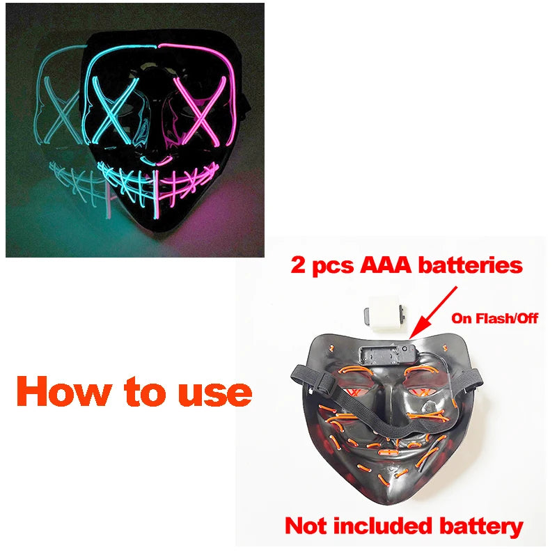 Máscara LED inalámbrica luminosa de neón para fiesta de Halloween, suministros brillantes, máscara de luz Purge para elección, para cosplay de adultos y maquillaje.
