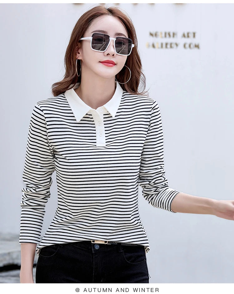 Polo de Manga Larga a Rayas de Estilo Coreano