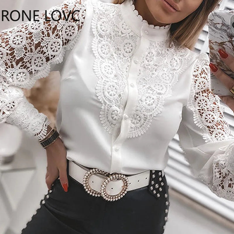 Camisa Elegante con Cuello de Encaje para Mujer