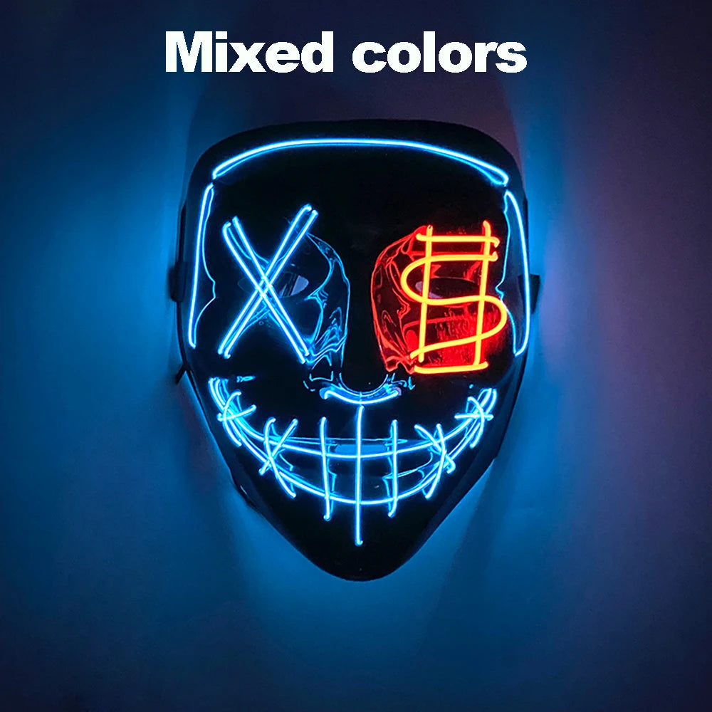 Máscara LED inalámbrica luminosa de neón para fiesta de Halloween, suministros brillantes, máscara de luz Purge para elección, para cosplay de adultos y maquillaje.