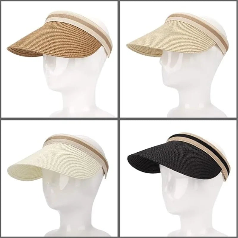 Sombrero de Paja para Mujer con Ala Ancha, Protección UV, Visera de Playa para Verano con Orificio para Cola de Caballo, para Golf, Viajes y Actividades al Aire Libre