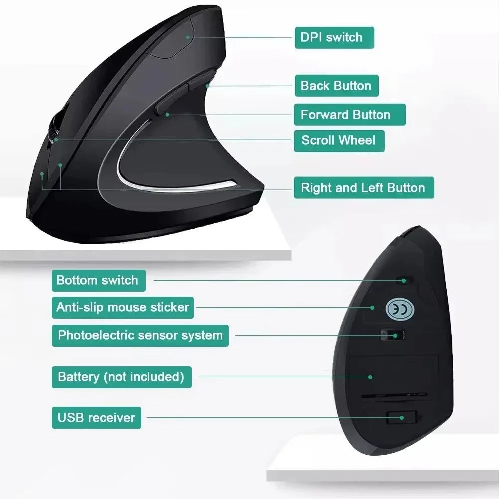 Ratón Vertical Ergonómico Inalámbrico de 2.4GHz, Ratón Óptico con 3 DPI Ajustables 800/1200/1600, 6 Botones para Computadora Portátil, PC, Escritorio