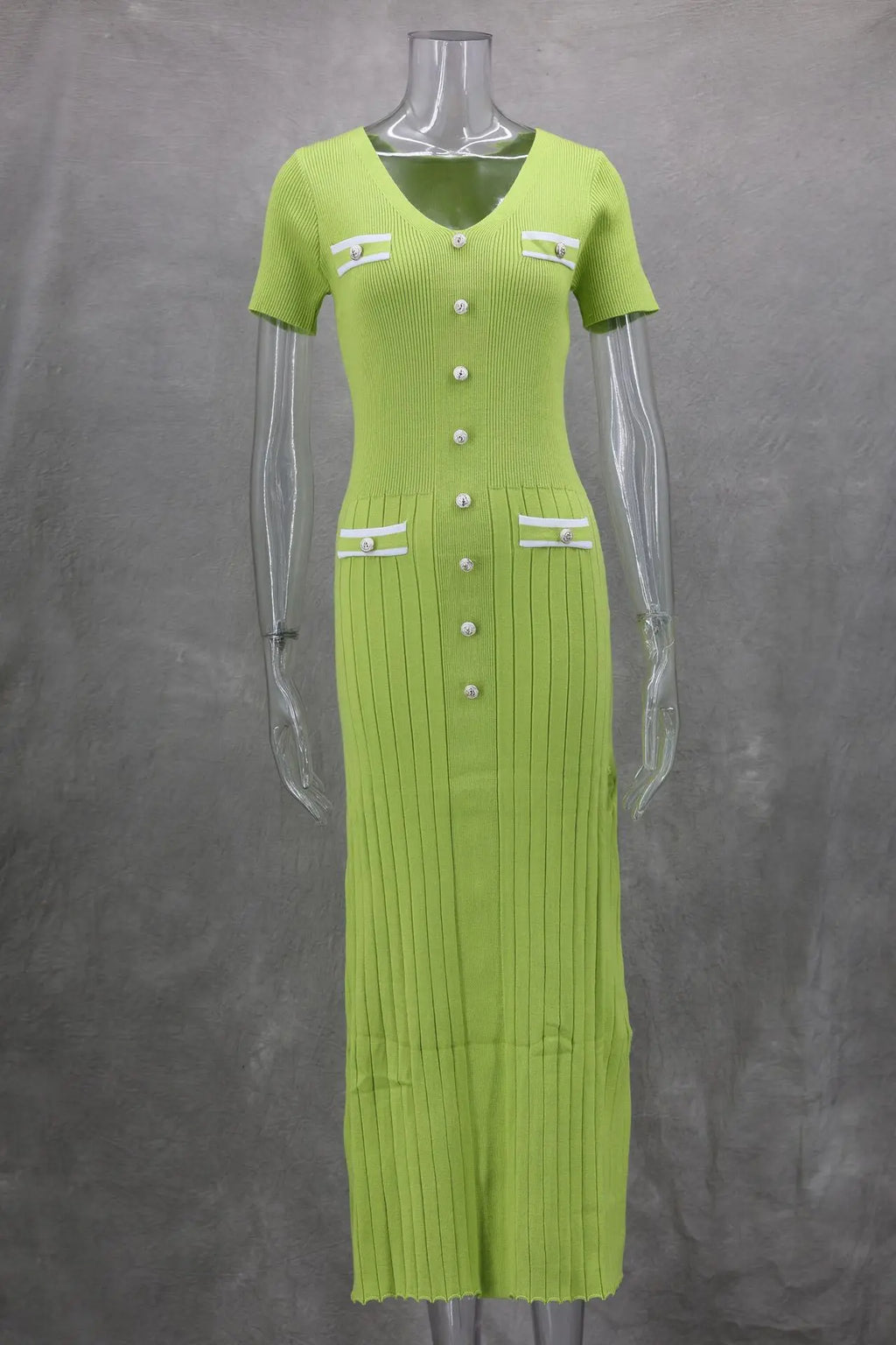 Vestido largo de punto con cuello en V para mujer, suéter elegante de un solo pecho, ropa de calle ceñida al cuerpo, moda de verano, 2024