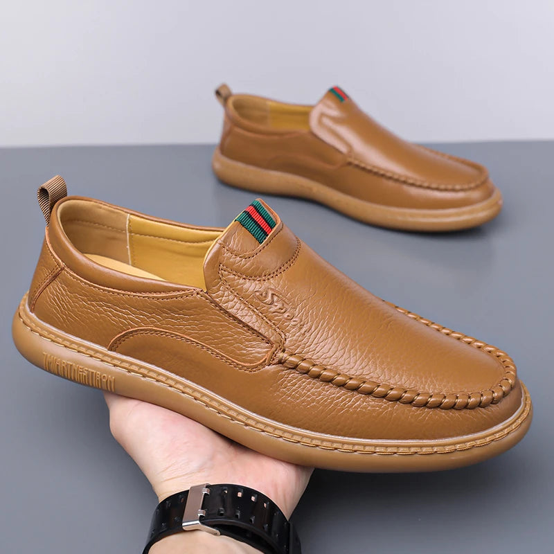 Mocasines de cuero para hombre con suela de goma cosida a mano