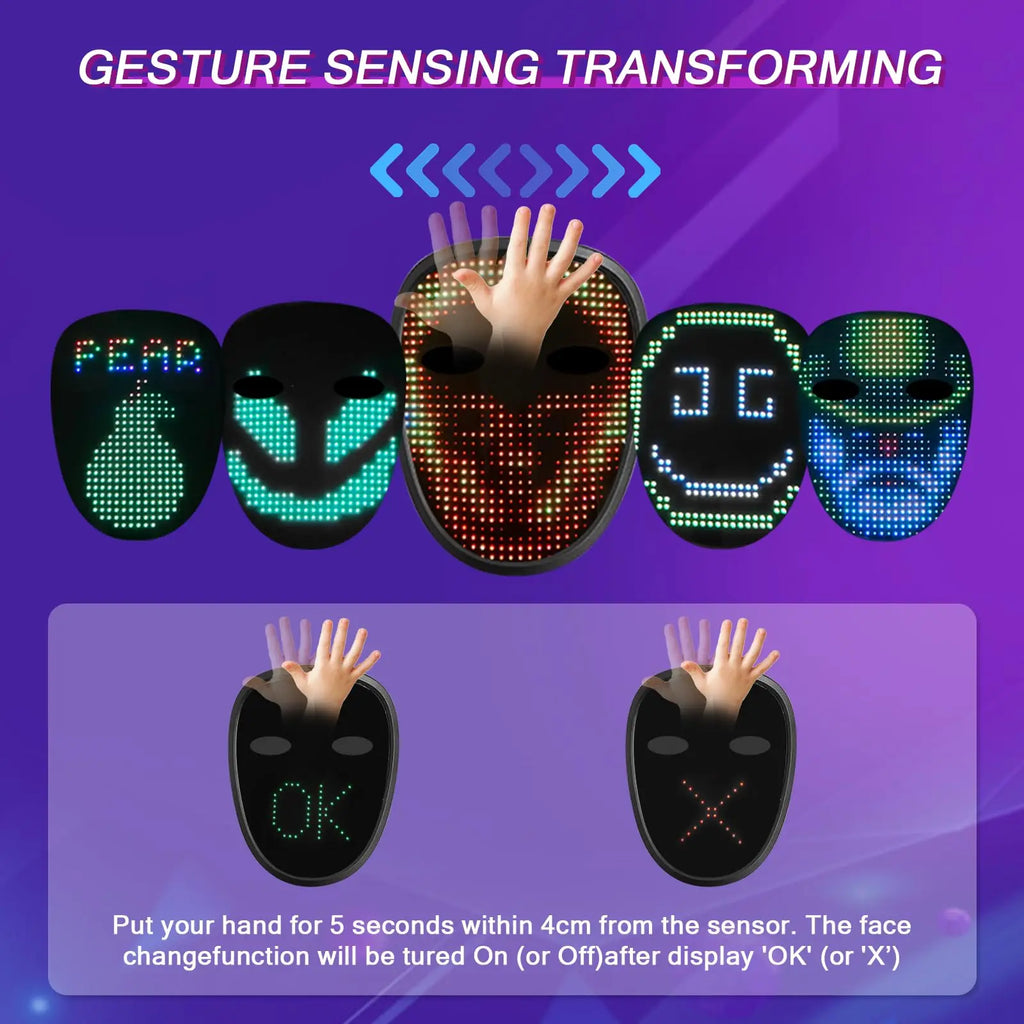 Máscara LED con niños, máscara iluminada con detección de gestos que transforma la cara, máscaras brillantes recargables para fiesta de Navidad de Halloween