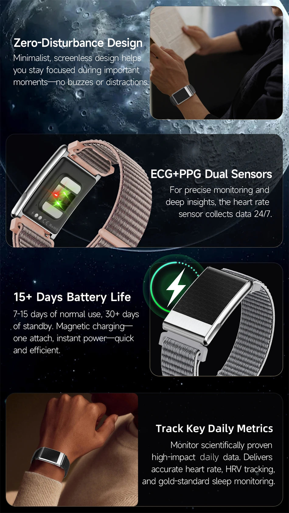 Pulsera inteligente ECG con monitor de salud, frecuencia cardíaca y ácido úrico, IP68