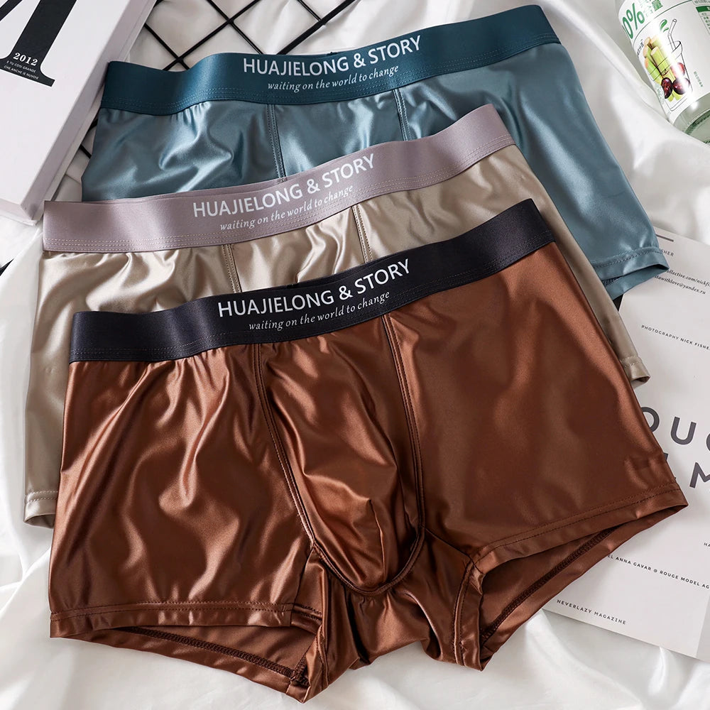 3 unids/pack de Boxers de lujo de seda de hielo tipo satén, calzoncillos de verano lisos y lisos para hombre, bragas con entrepierna de malla transpirable, ropa interior