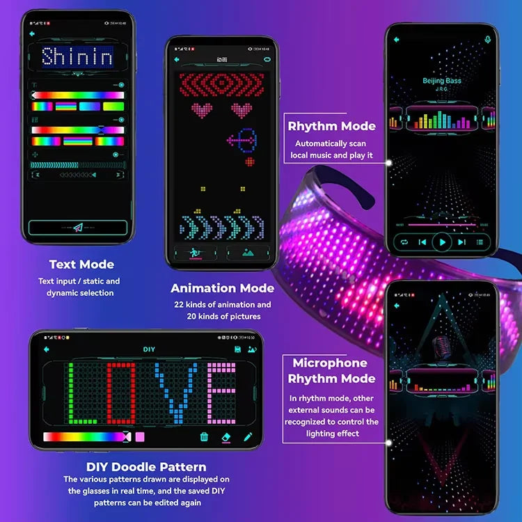Gafas LED con luz brillante, pantalla programable con aplicación Bluetooth, gafas luminosas Rgb para fiesta, cumpleaños, Halloween