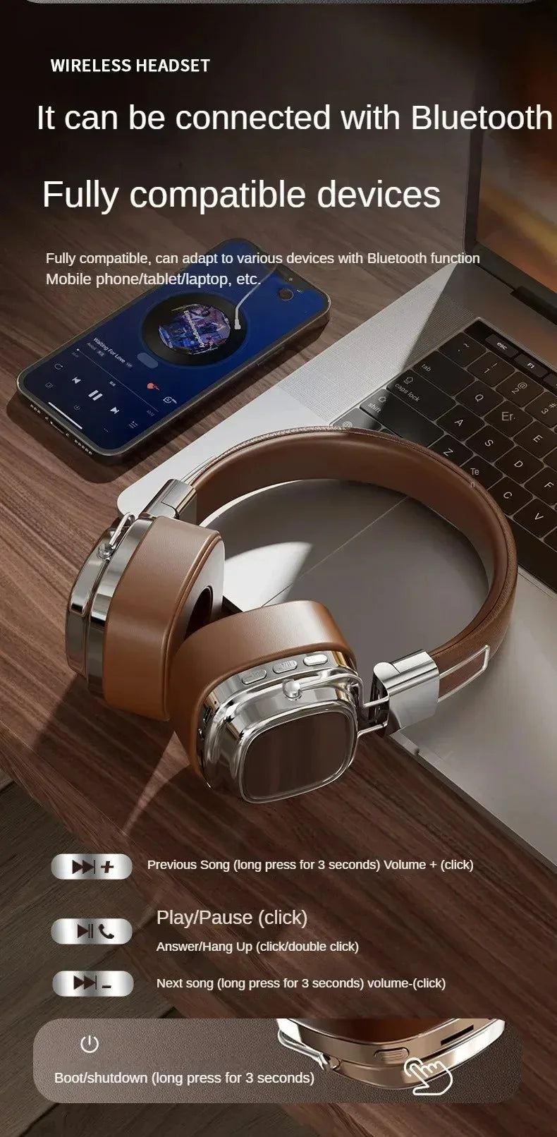 Auriculares Retro de Cuero Bluetooth 5.3 Plegables