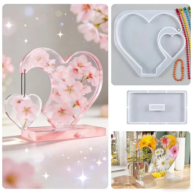 Juego de 7 moldes de silicona para resina epoxi y yeso aromático: colgantes combinados de corazón grande y pequeño, adornos para marcos de fotos