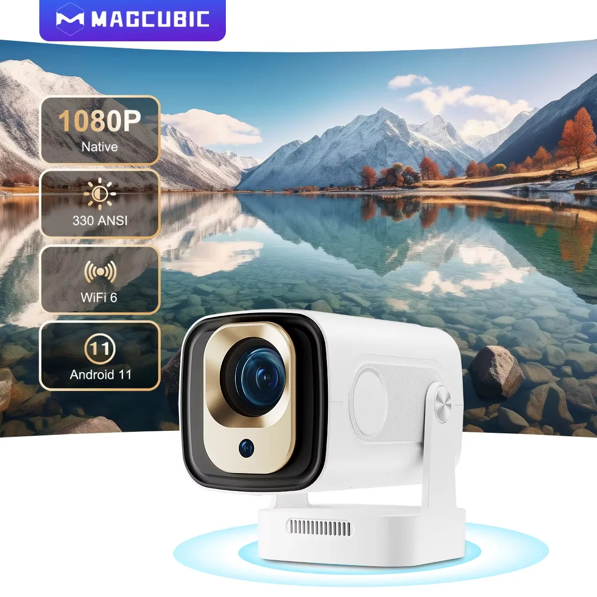 Proyector Magcubic Auto Focus 330 ANSI HY310, Compatible con 4K, 1080P, Android 11, WiFi6, BT5.4, Air Mouse, Control por Voz, Portátil, para el Hogar