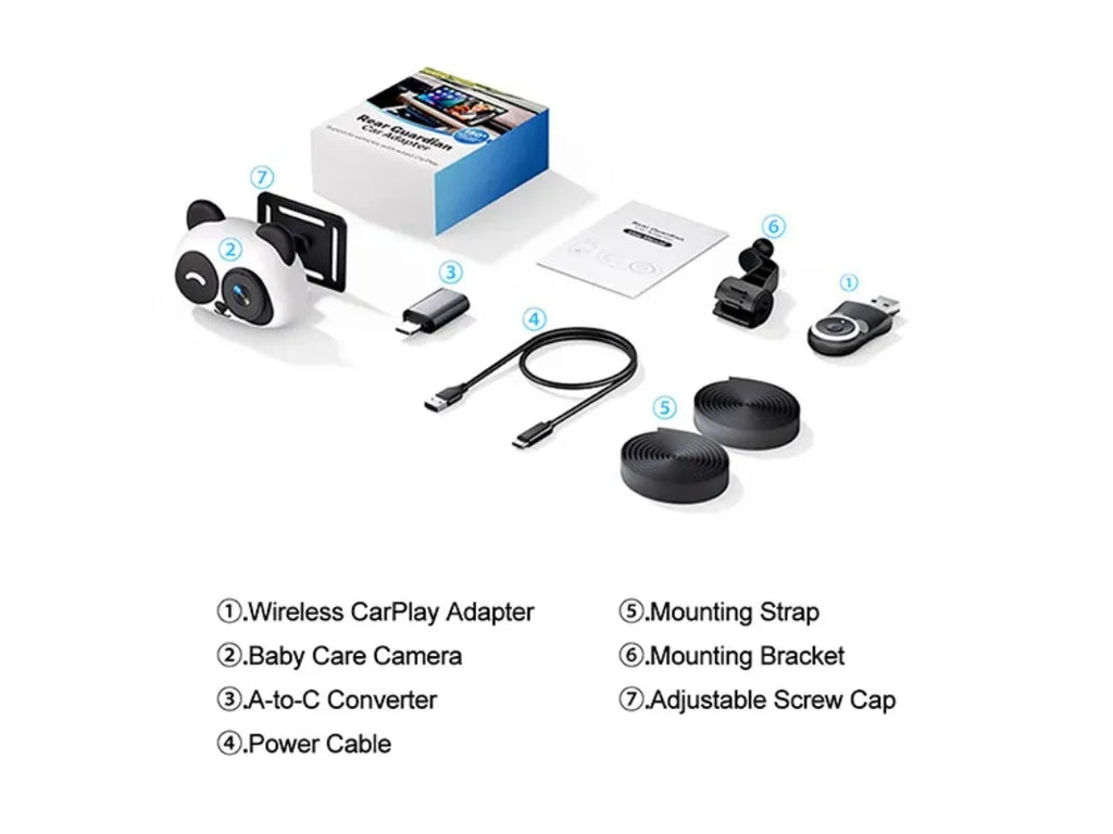 Adaptador Inalámbrico CarPlay Cabin Care, Cámara para Auto HD 1080P para Bebés, 150 °   Monitor de visión nocturna gran angular con pantalla dividida para el asiento trasero