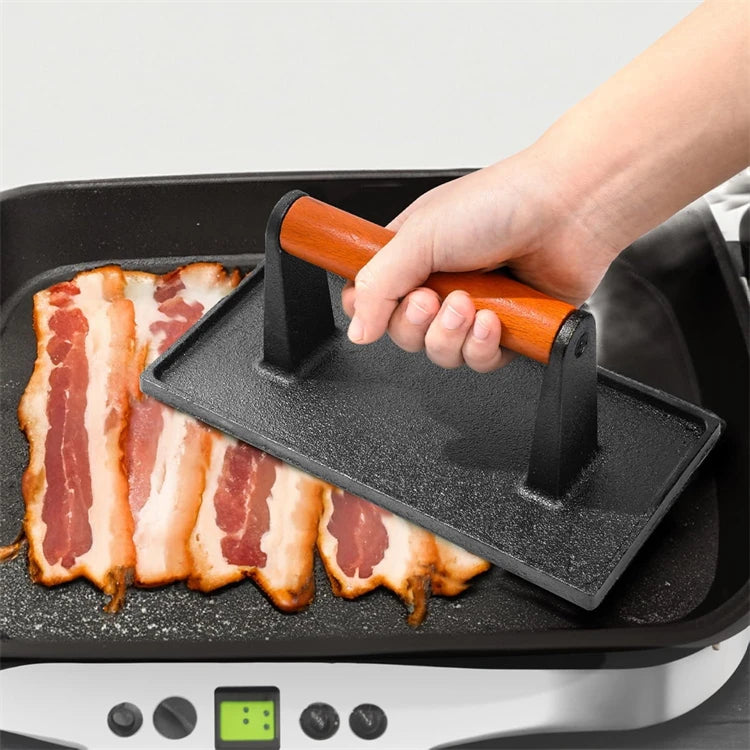 Prensa para tocino LMETJMA, prensa para parrilla de hierro fundido de alta resistencia, prensa para carne y carne con mango de madera, prensa para aplastar hamburguesas de cocina JT277
