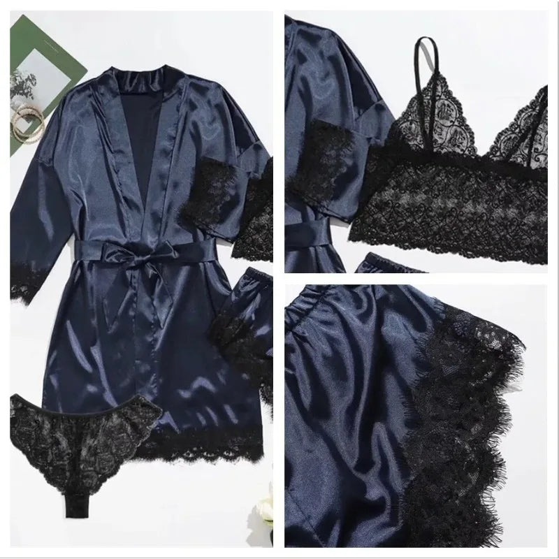 Conjunto Pijama de Satén 4 Piezas con Bata - Top con Encaje para Mujer