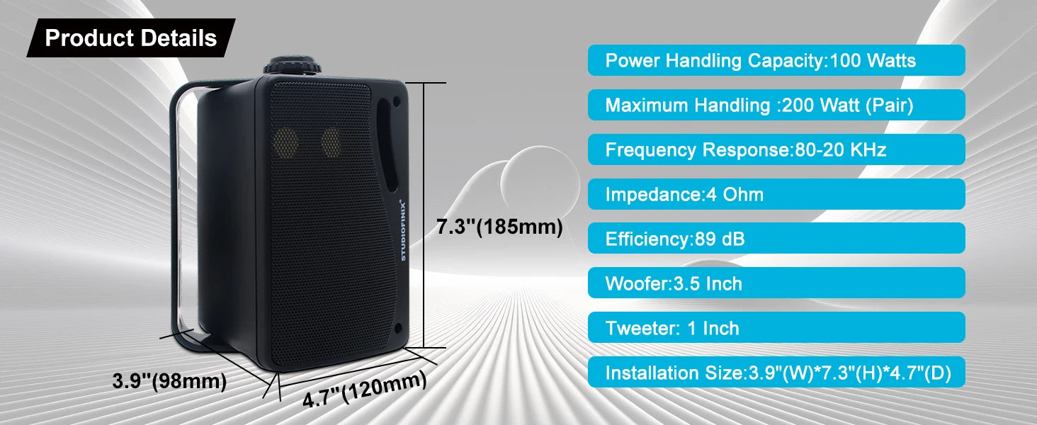 STUDIOFINIX Altavoces Pasivos de 3 Vías para Exteriores de 3.5 Pulgadas y 200W, Sonido Nítido, Cableados, Resistentes a la Intemperie, Montaje en Pared para Patio, Barco, 2 Piezas