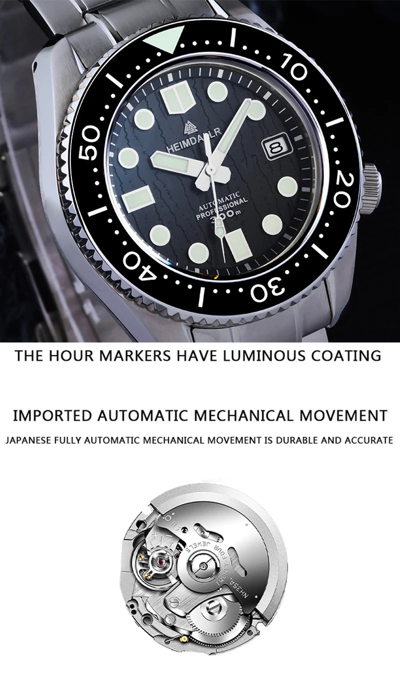 Reloj de Buceo Automático HEIMDALLR MM300, Cristal Zafiro, 300M, Acero Inoxidable