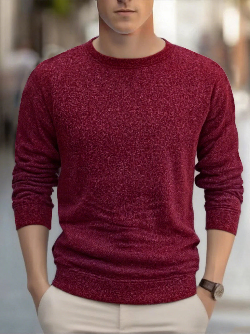 Suéter de punto para hombre, cuello redondo, colores sólidos