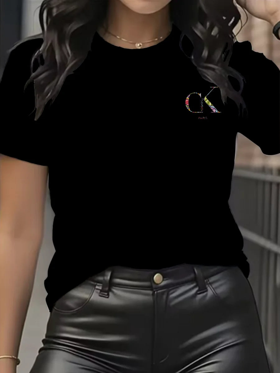 Camiseta con Estampado de Dibujos Animados y Letras Cuello Redondo