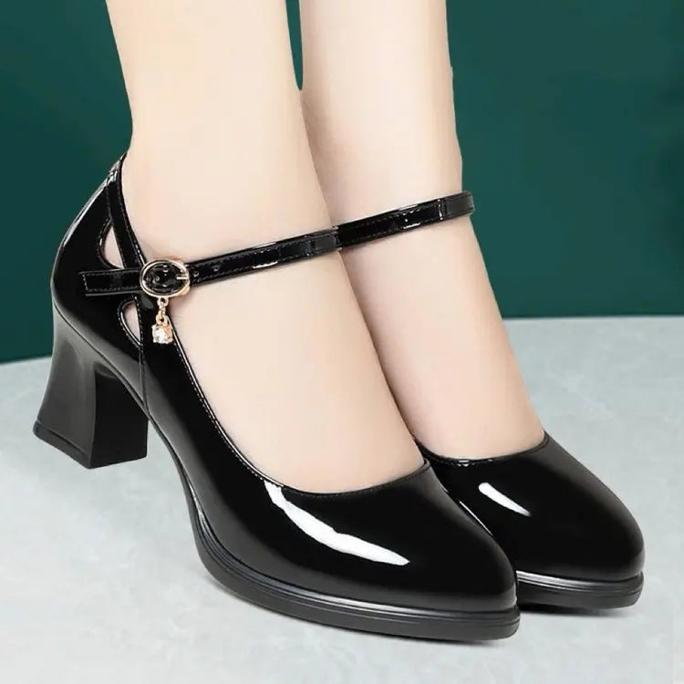 2025 Primavera/otoño Nuevos zapatos de tacón de trabajo profesionales negros para mujer - Zapatos de vestir de tacón medio con plataforma y correa, zapatos de oficina para madres