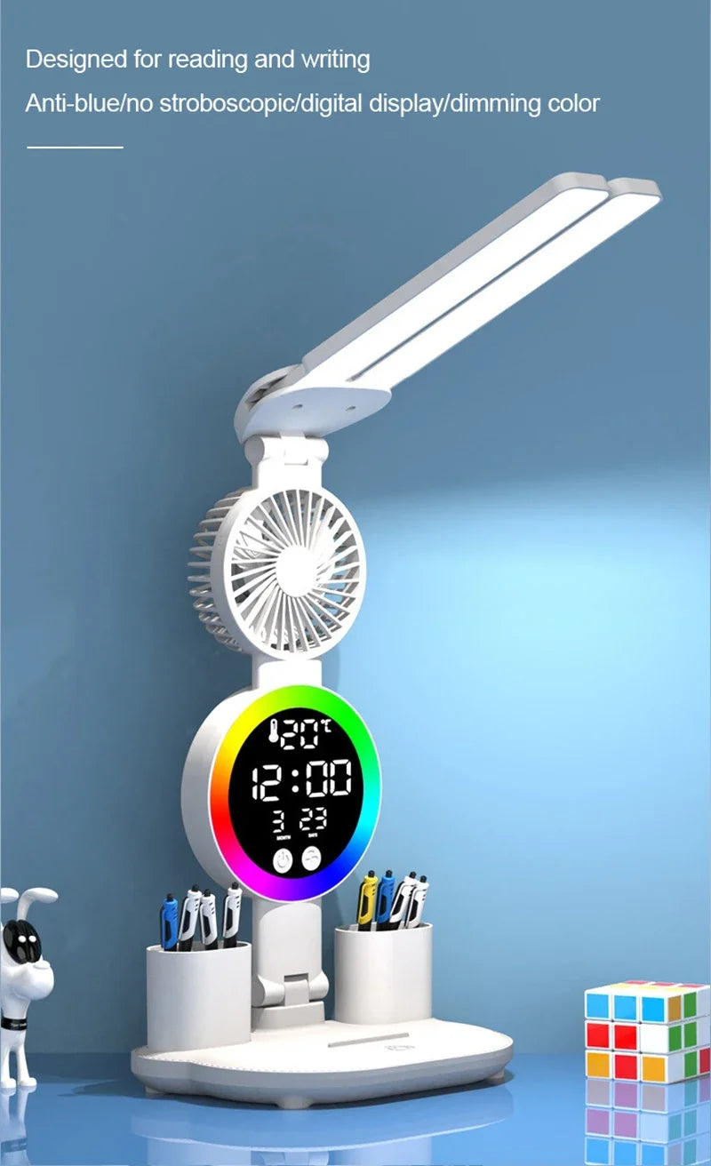 Lámpara de Mesa LED con Ventilador, Reloj y Pantalla